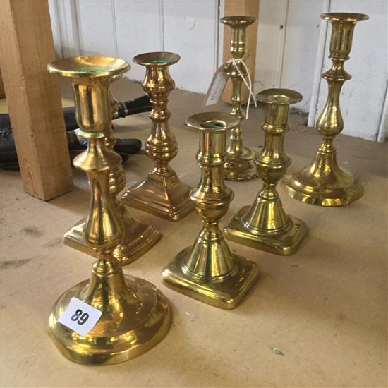 3 pairs brass candlesticks & 1 other